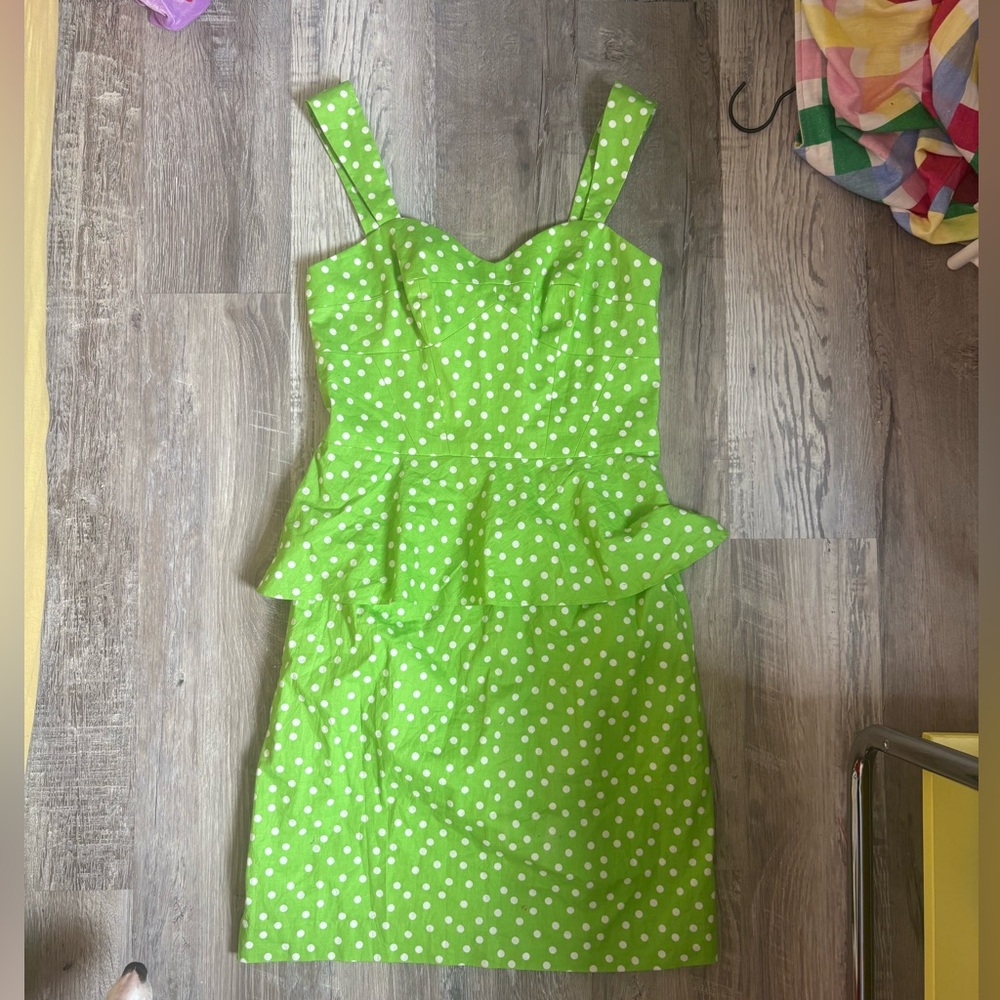 Vintage Y2K Betsey Johnson Lime Green Polka Dot Mini Dress peplum